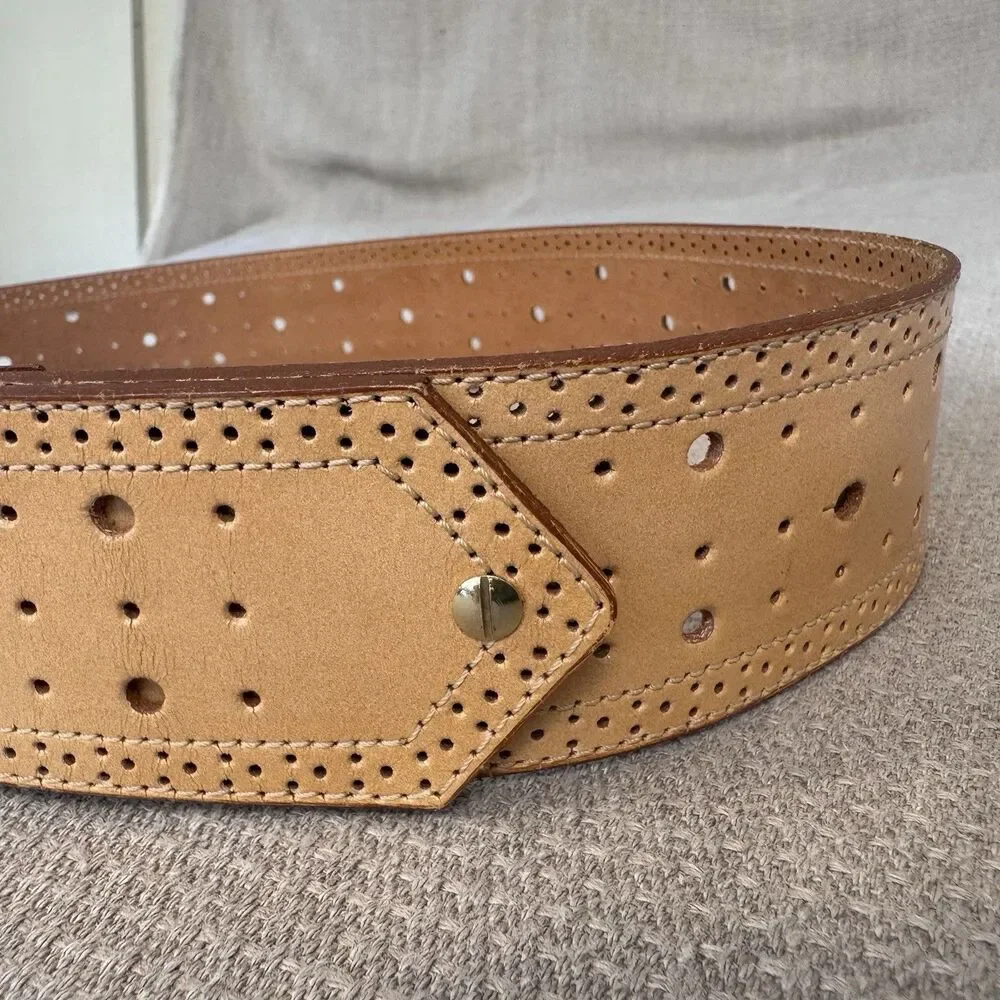 Vintage Ginnie Johansen Wide Brown Leather Belt Brass Buckle Y2K Hip Western 552
